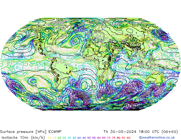 Isotachs (kph) ECMWF jeu 30.05.2024 18 UTC