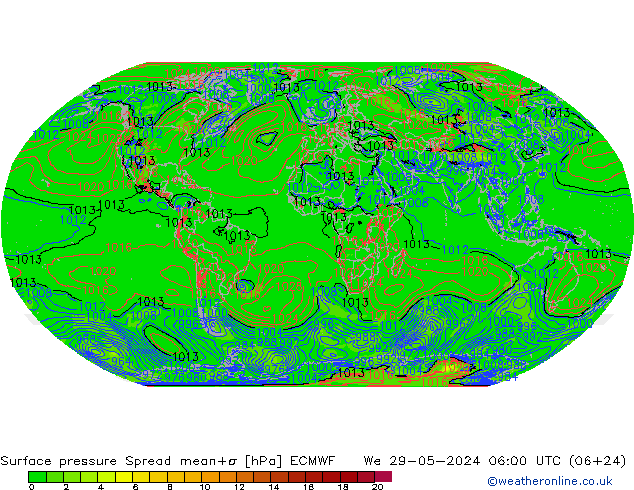 Surface pressure Spread ECMWF We 29.05.2024 06 UTC