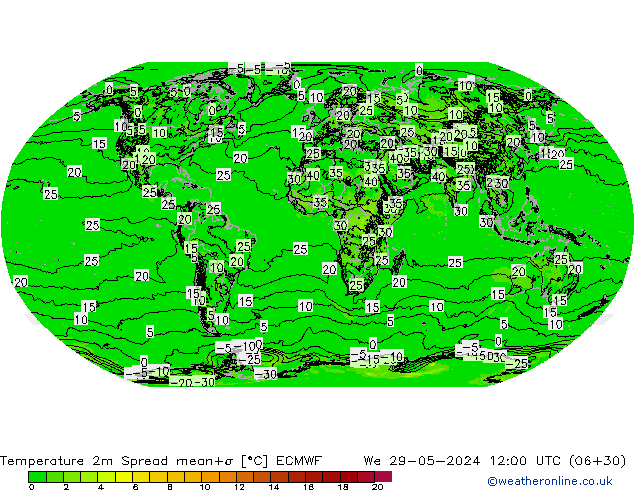 Temperatura 2m Spread ECMWF Qua 29.05.2024 12 UTC