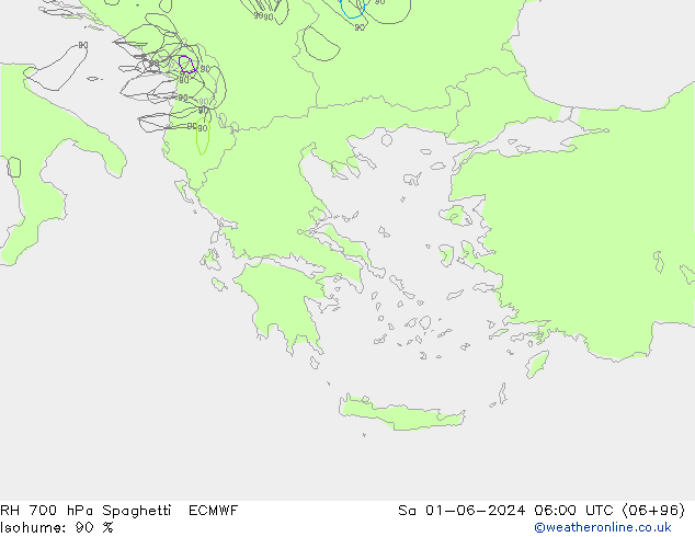 RH 700 hPa Spaghetti ECMWF sab 01.06.2024 06 UTC