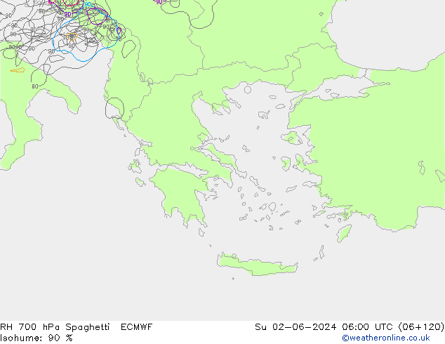 RH 700 hPa Spaghetti ECMWF Ne 02.06.2024 06 UTC