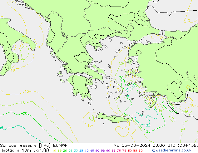 Isotachs (kph) ECMWF Seg 03.06.2024 00 UTC