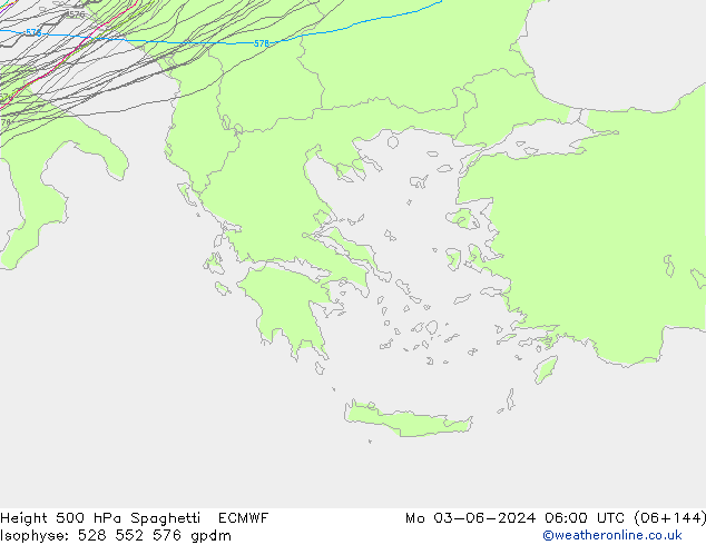 Hoogte 500 hPa Spaghetti ECMWF ma 03.06.2024 06 UTC