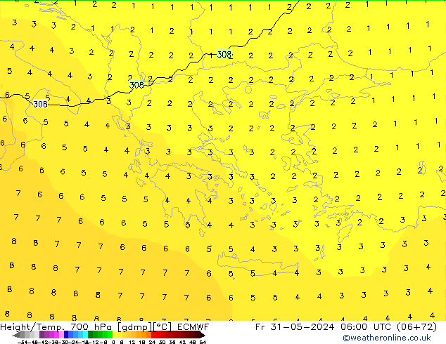 Height/Temp. 700 hPa ECMWF Sex 31.05.2024 06 UTC