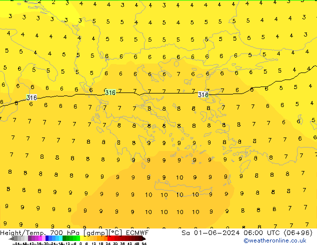 Height/Temp. 700 гПа ECMWF сб 01.06.2024 06 UTC