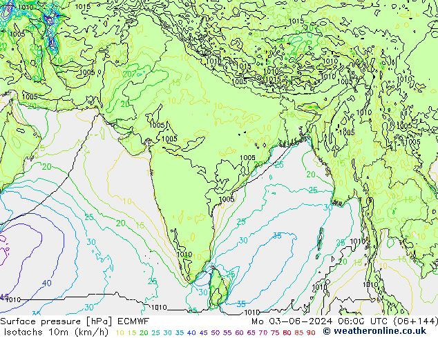 Isotachs (kph) ECMWF lun 03.06.2024 06 UTC