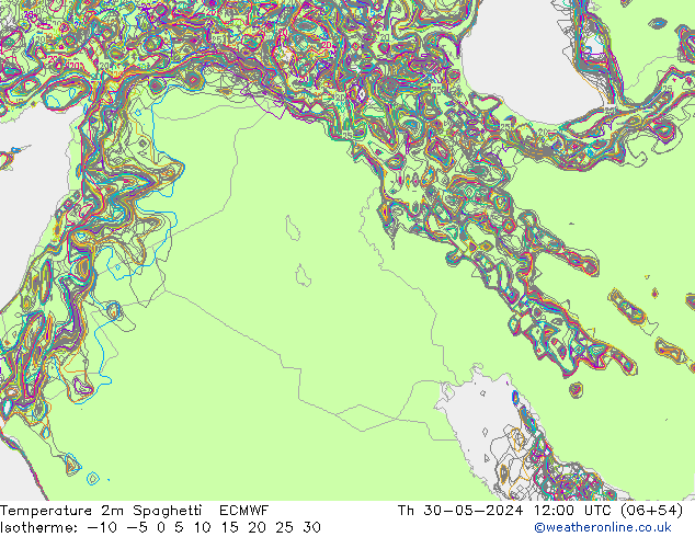 Temperatura 2m Spaghetti ECMWF Qui 30.05.2024 12 UTC