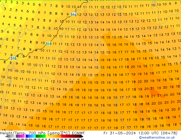 Géop./Temp. 700 hPa ECMWF ven 31.05.2024 12 UTC