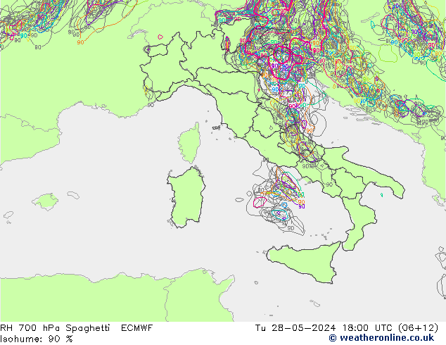 Humedad rel. 700hPa Spaghetti ECMWF mar 28.05.2024 18 UTC
