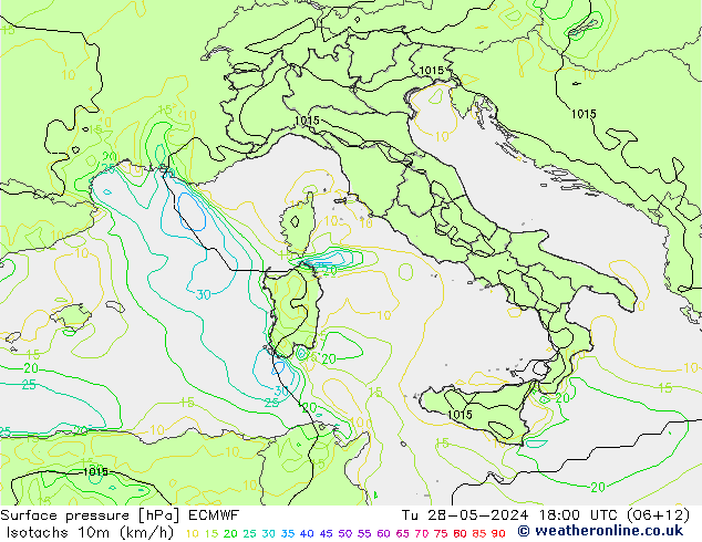 Isotaca (kph) ECMWF mar 28.05.2024 18 UTC