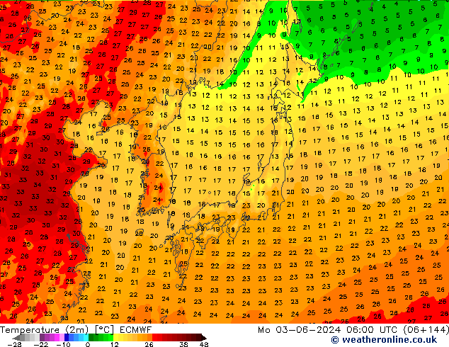 Sıcaklık Haritası (2m) ECMWF Pzt 03.06.2024 06 UTC