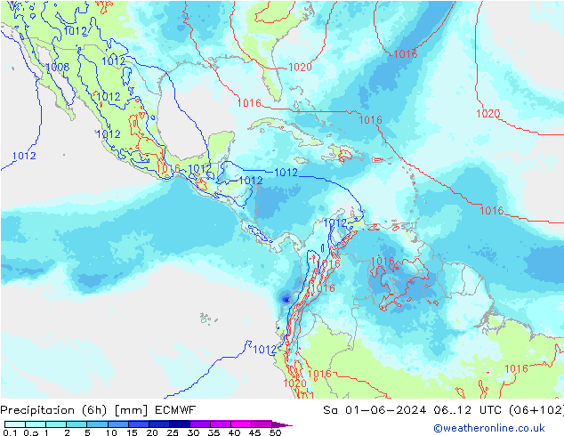 Totale neerslag (6h) ECMWF za 01.06.2024 12 UTC