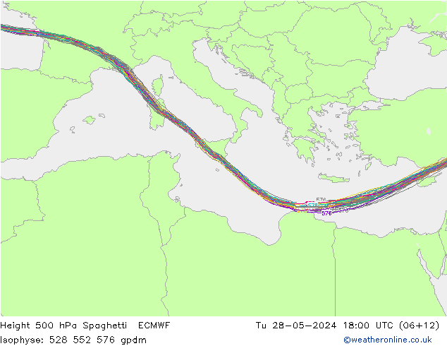 Height 500 hPa Spaghetti ECMWF Tu 28.05.2024 18 UTC