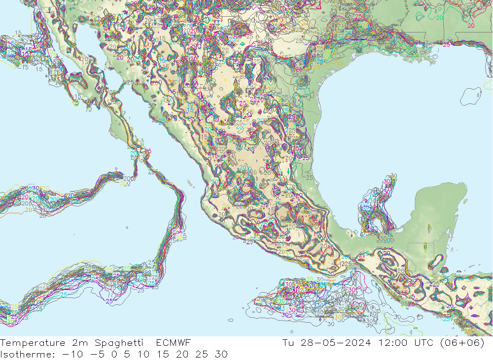 Temperature 2m Spaghetti ECMWF Tu 28.05.2024 12 UTC