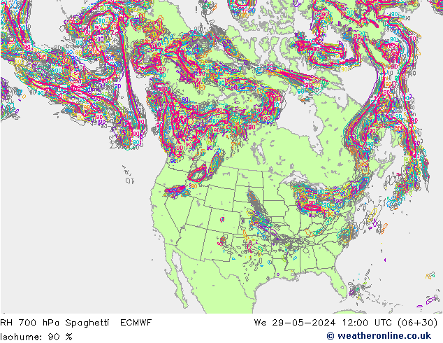 RH 700 hPa Spaghetti ECMWF Mi 29.05.2024 12 UTC
