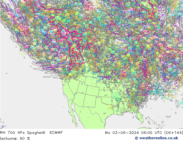 RH 700 hPa Spaghetti ECMWF Mo 03.06.2024 06 UTC