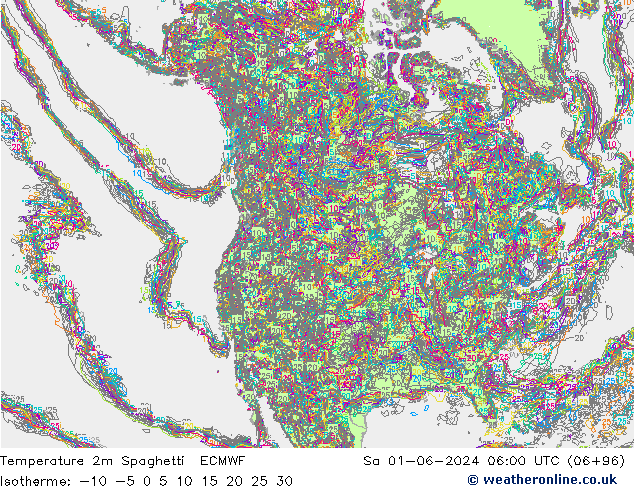 Temperatura 2m Spaghetti ECMWF sab 01.06.2024 06 UTC