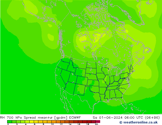 RH 700 hPa Spread ECMWF sab 01.06.2024 06 UTC