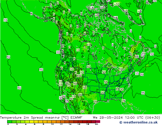 Temperature 2m Spread ECMWF We 29.05.2024 12 UTC