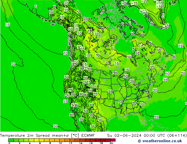 Temperature 2m Spread ECMWF Ne 02.06.2024 00 UTC