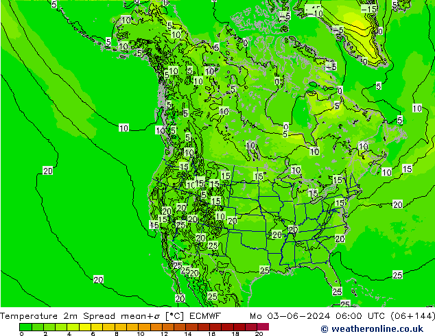 Temperature 2m Spread ECMWF Mo 03.06.2024 06 UTC