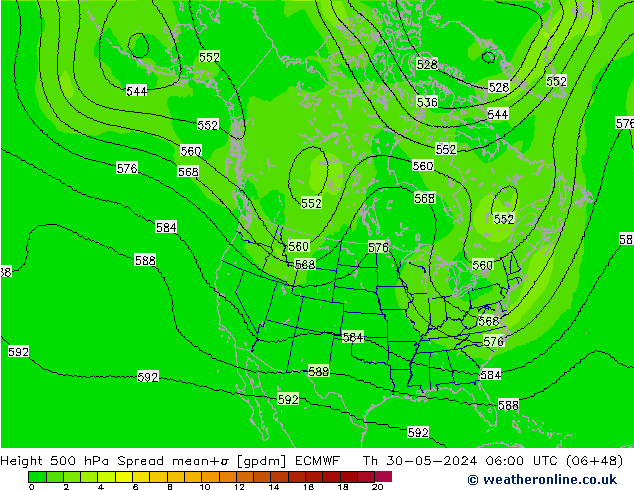 Height 500 гПа Spread ECMWF чт 30.05.2024 06 UTC