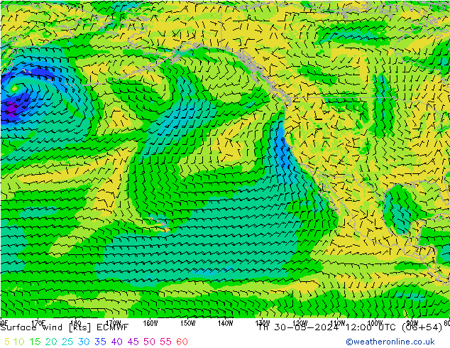 Surface wind ECMWF Čt 30.05.2024 12 UTC