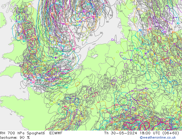 Humidité rel. 700 hPa Spaghetti ECMWF jeu 30.05.2024 18 UTC