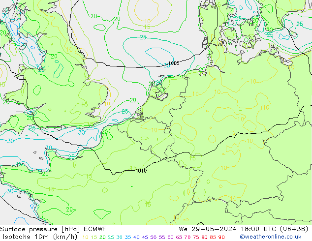 Isotachs (kph) ECMWF Qua 29.05.2024 18 UTC