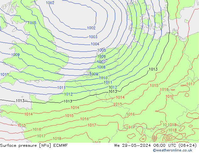 Luchtdruk (Grond) ECMWF wo 29.05.2024 06 UTC