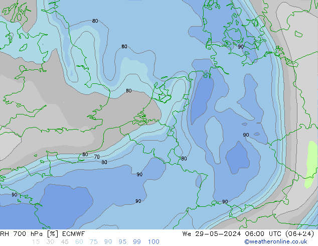 RH 700 hPa ECMWF Mi 29.05.2024 06 UTC