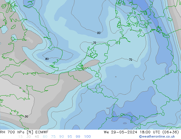 RH 700 hPa ECMWF śro. 29.05.2024 18 UTC