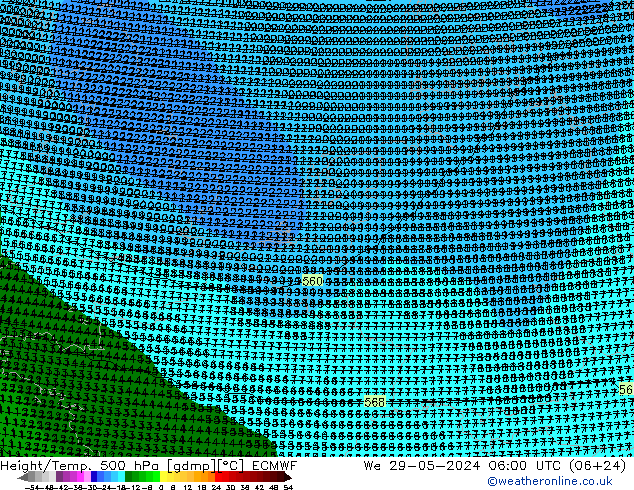 Hoogte/Temp. 500 hPa ECMWF wo 29.05.2024 06 UTC