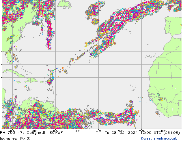 RH 700 hPa Spaghetti ECMWF Tu 28.05.2024 12 UTC