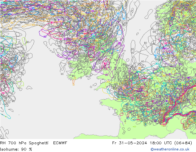 Humidité rel. 700 hPa Spaghetti ECMWF ven 31.05.2024 18 UTC