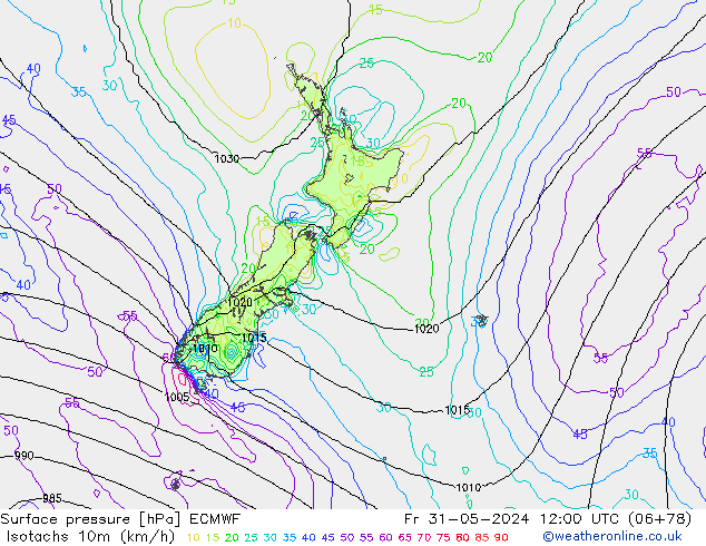 Isotaca (kph) ECMWF vie 31.05.2024 12 UTC