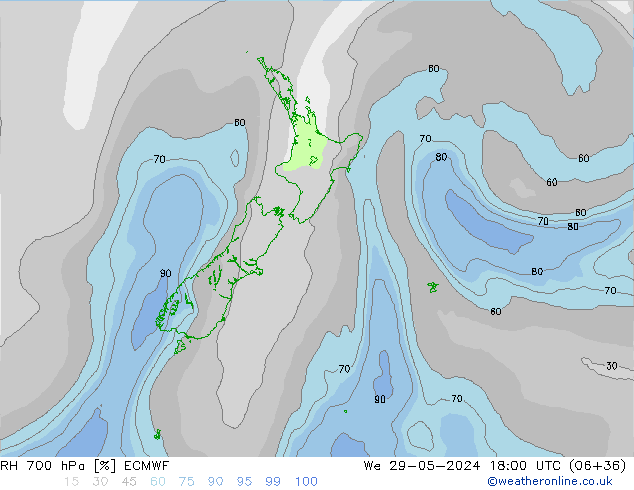 RH 700 hPa ECMWF Qua 29.05.2024 18 UTC