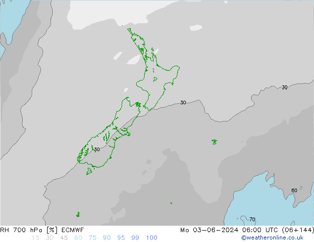 Humidité rel. 700 hPa ECMWF lun 03.06.2024 06 UTC