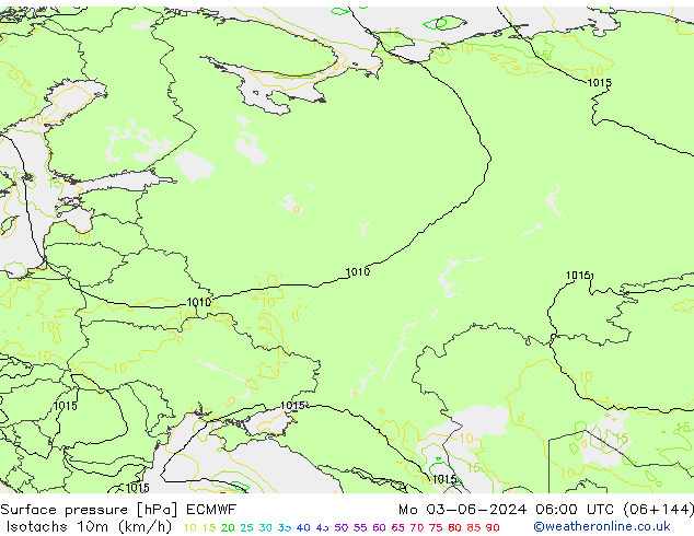 Isotachs (kph) ECMWF Mo 03.06.2024 06 UTC