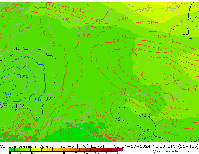 Surface pressure Spread ECMWF Sa 01.06.2024 18 UTC