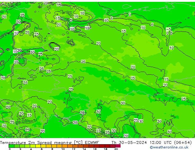 température 2m Spread ECMWF jeu 30.05.2024 12 UTC