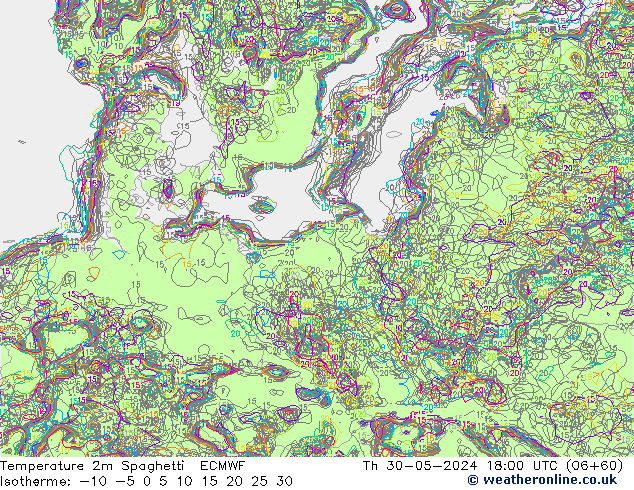 Temperatura 2m Spaghetti ECMWF Qui 30.05.2024 18 UTC