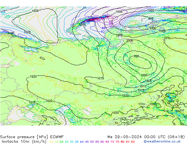 Isotachs (kph) ECMWF mer 29.05.2024 00 UTC