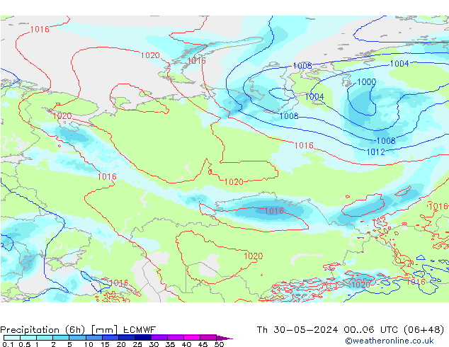 Precipitation (6h) ECMWF Th 30.05.2024 06 UTC