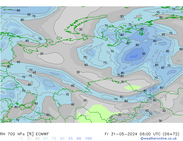 RH 700 hPa ECMWF Pá 31.05.2024 06 UTC