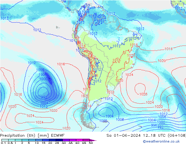 Totale neerslag (6h) ECMWF za 01.06.2024 18 UTC