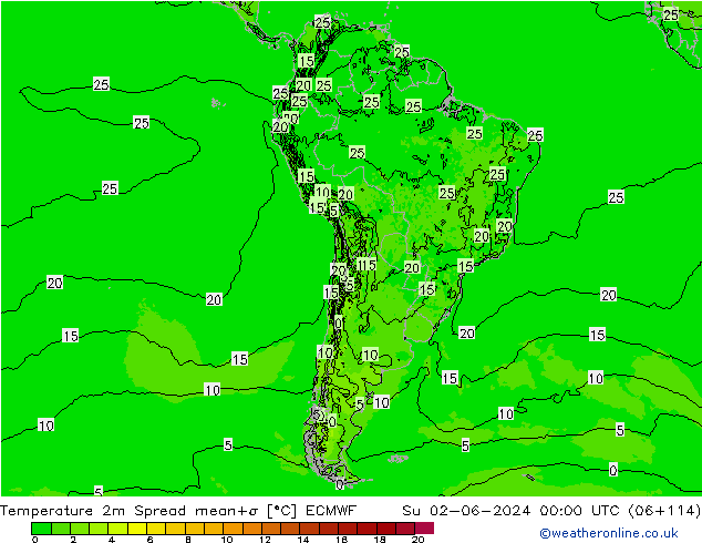 température 2m Spread ECMWF dim 02.06.2024 00 UTC