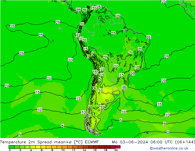 Temperature 2m Spread ECMWF Mo 03.06.2024 06 UTC