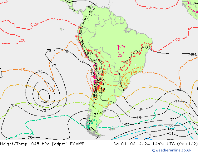 Height/Temp. 925 hPa ECMWF Sa 01.06.2024 12 UTC