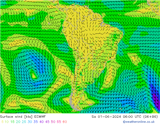 Vento 10 m ECMWF Sáb 01.06.2024 06 UTC